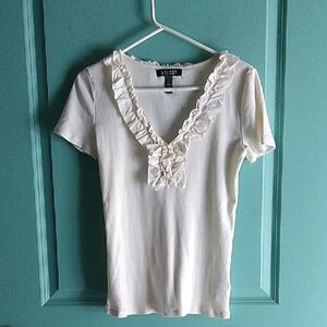 Lauren Ralph Lauren White Ruffled V-Neck Short Sleeve Top